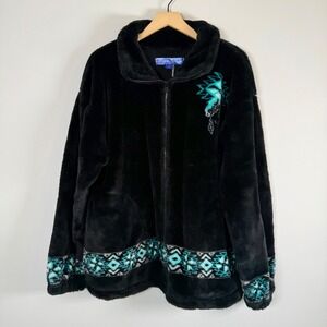 Rustic Mountains Dream Catcher Indian Print Zip Up Fuzzy Teddy Jacket Coat Large